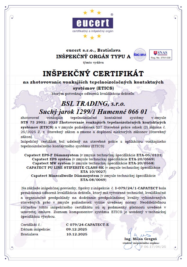 Certifikát ETICS inšpekcia